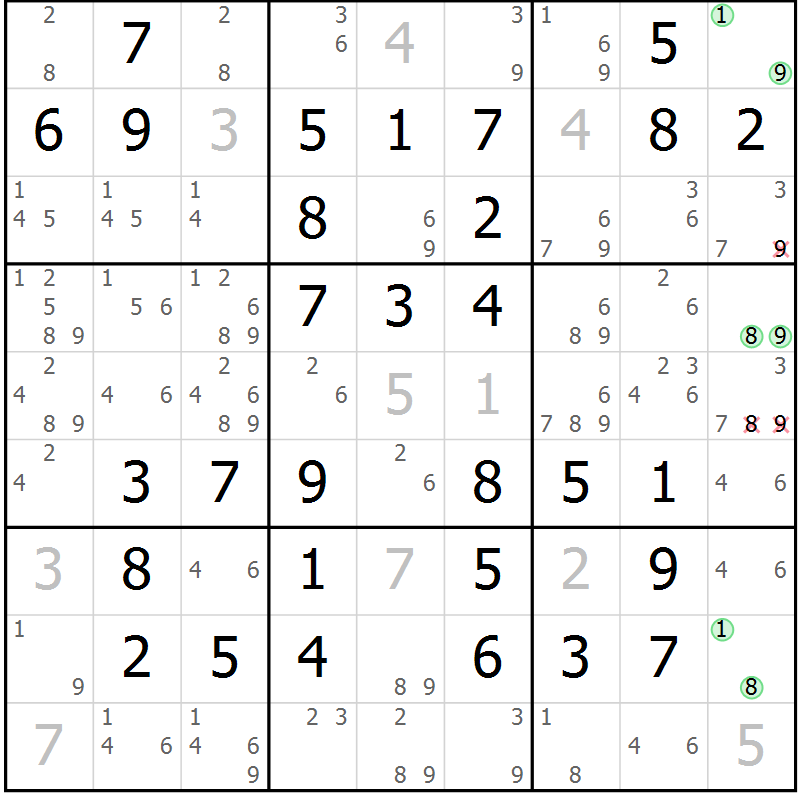 Position des candidats pour la solution de la Gr 49 page 52 du magazine de sudoku Virtuose n° 120