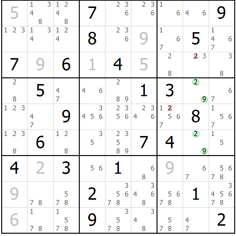 Position des candidats pour la solution de la Gr 5 page 8 du magazine de sudoku Virtuose n° 120