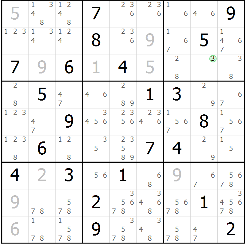 Position des candidats pour la solution de la Gr 5 page 8 du magazine de sudoku Virtuose n° 120