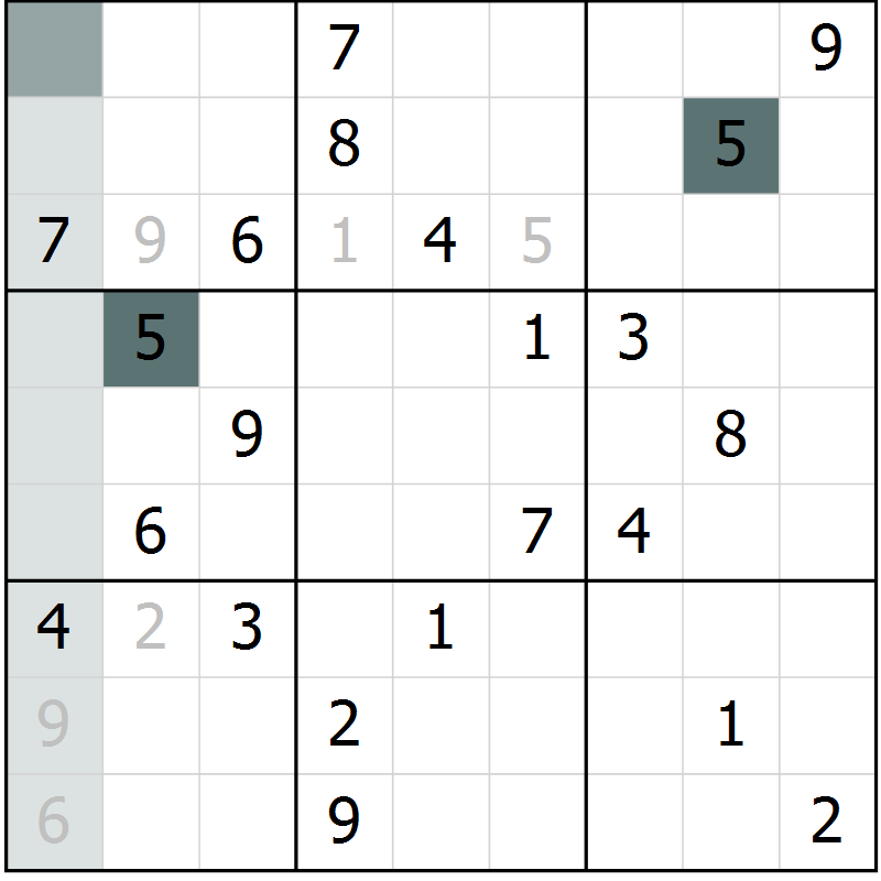 Position des candidats pour la solution de la Gr 5 page 8 du magazine de sudoku Virtuose n° 120