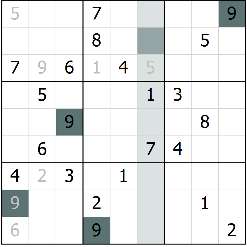 Position des candidats pour la solution de la Gr 5 page 8 du magazine de sudoku Virtuose n° 120