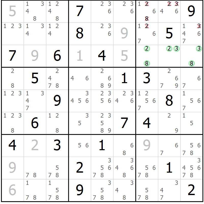 Position des candidats pour la solution de la Gr 5 page 8 du magazine de sudoku Virtuose n° 120
