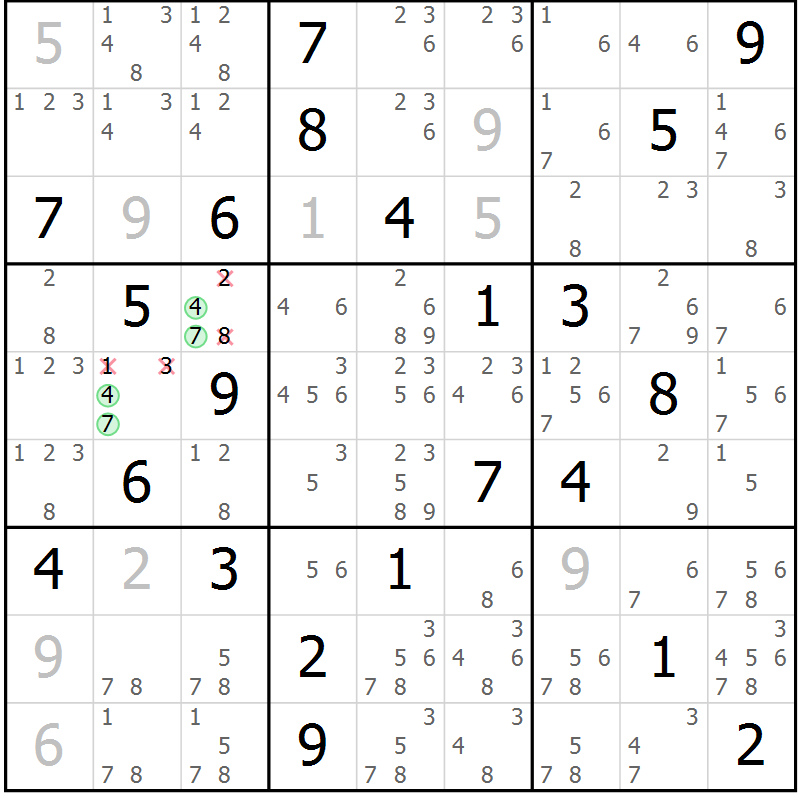 Position des candidats pour la solution de la Gr 5 page 8 du magazine de sudoku Virtuose n° 120