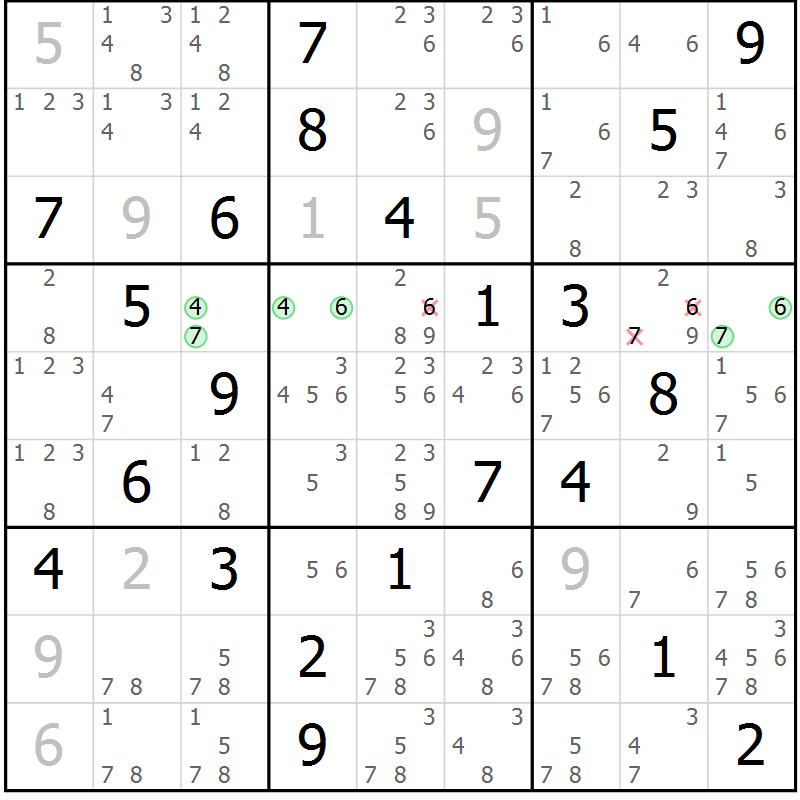 Position des candidats pour la solution de la Gr 5 page 8 du magazine de sudoku Virtuose n° 120