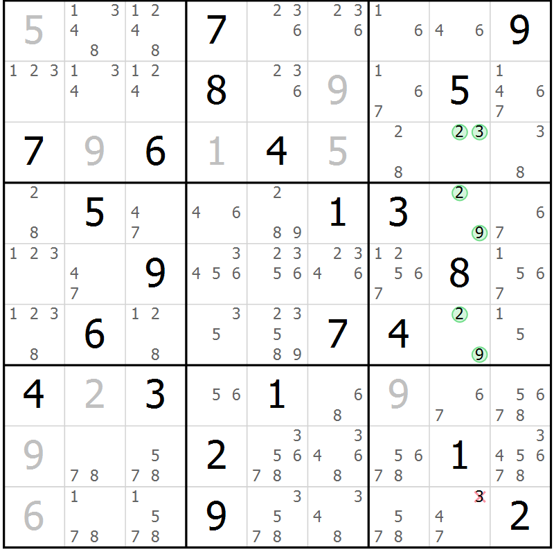 Position des candidats pour la solution de la Gr 5 page 8 du magazine de sudoku Virtuose n° 120