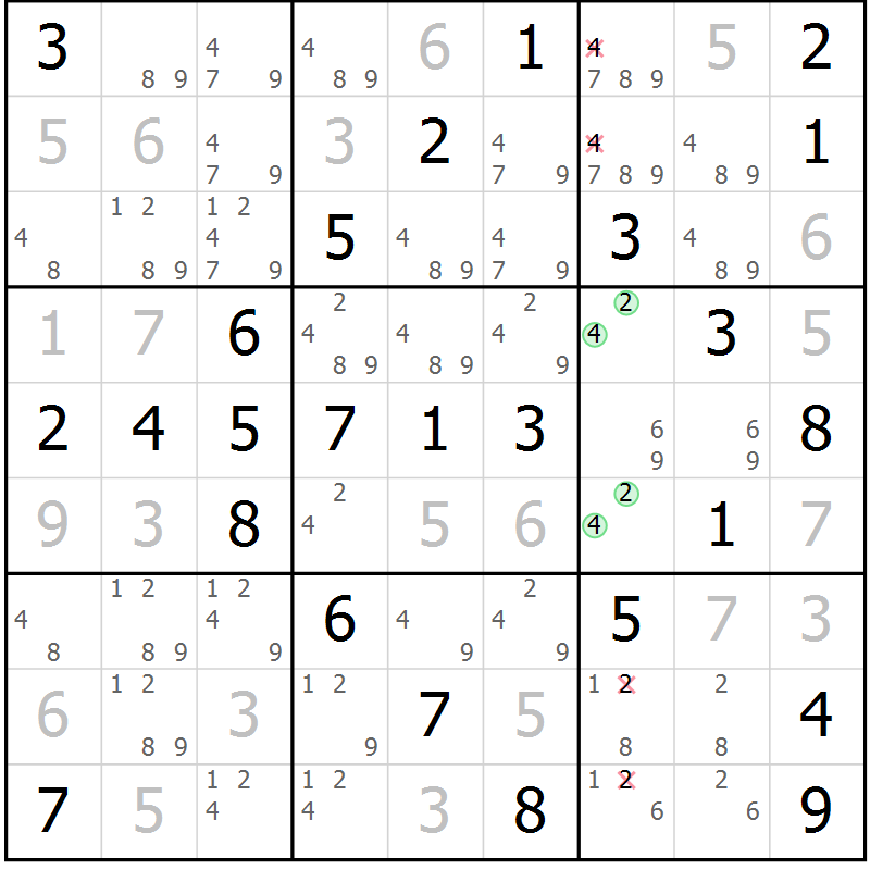 Position des candidats pour la solution de la Gr 50 page 53 du magazine de sudoku Virtuose n° 120