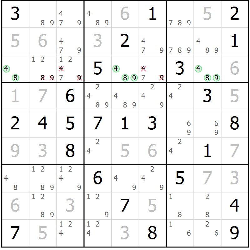 Position des candidats pour la solution de la Gr 50 page 53 du magazine de sudoku Virtuose n° 120