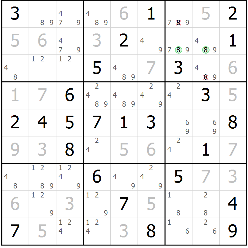 Position des candidats pour la solution de la Gr 50 page 53 du magazine de sudoku Virtuose n° 120