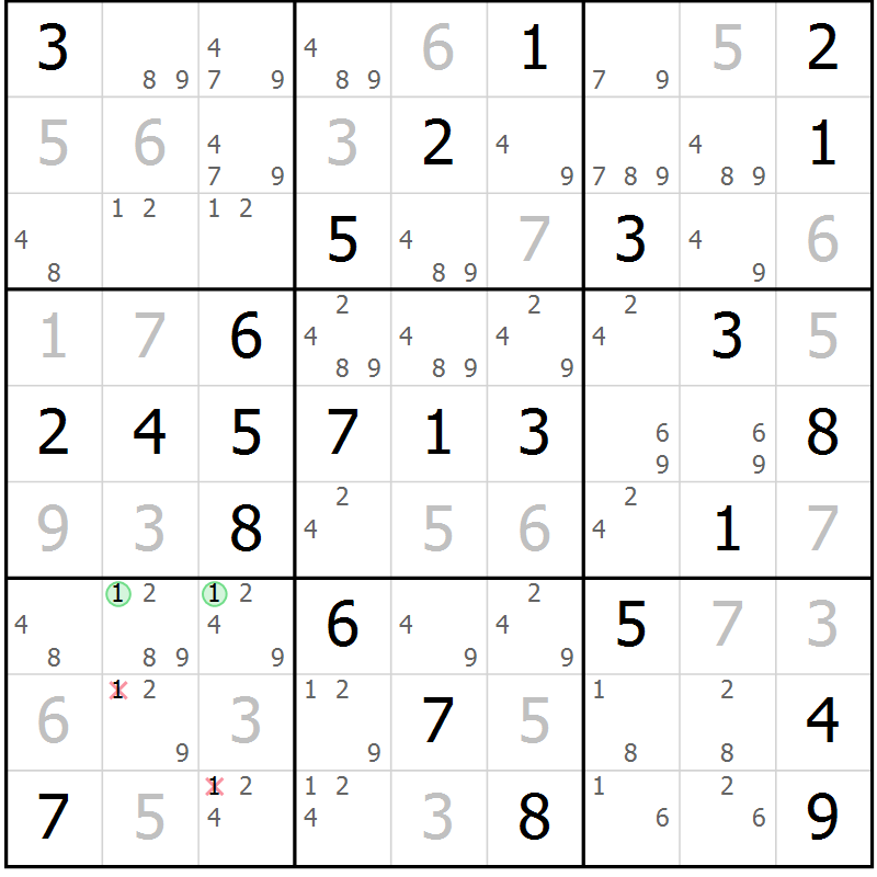 Position des candidats pour la solution de la Gr 50 page 53 du magazine de sudoku Virtuose n° 120