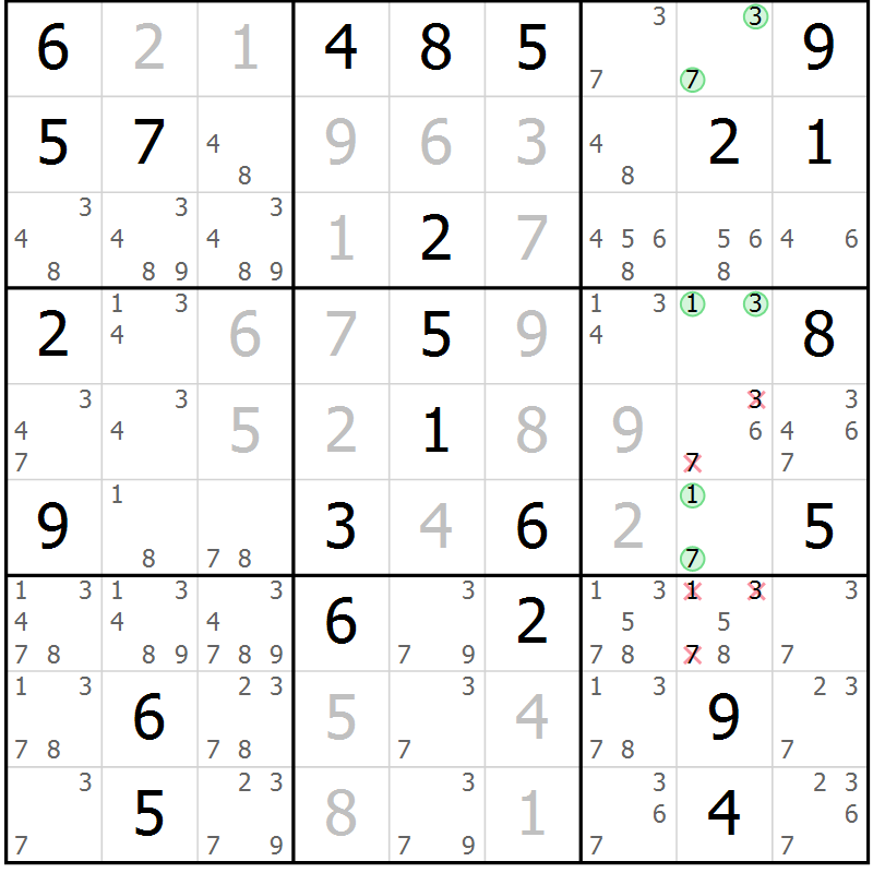 Position des candidats pour la solution de la Gr 51 page 54 du magazine de sudoku Virtuose n° 120
