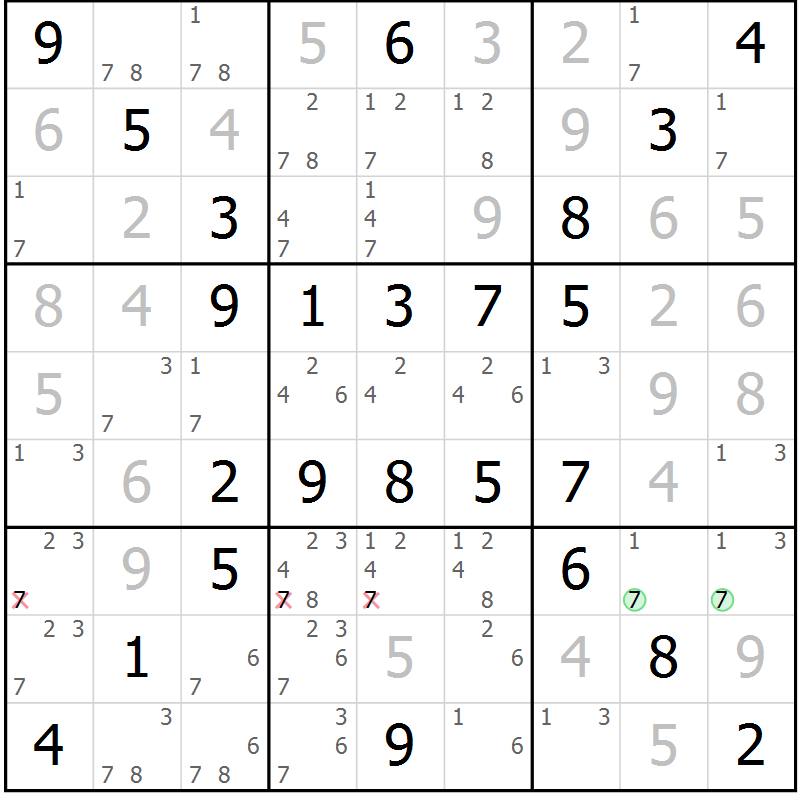Position des candidats pour la solution de la Gr 52 page 55 du magazine de sudoku Virtuose n° 120