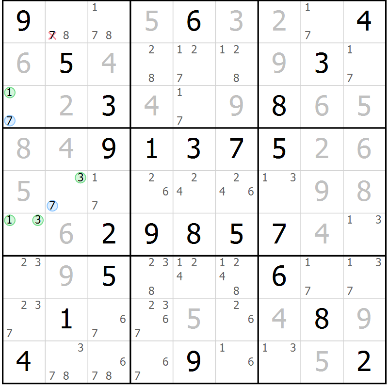 Position des candidats pour la solution de la Gr 52 page 55 du magazine de sudoku Virtuose n° 120