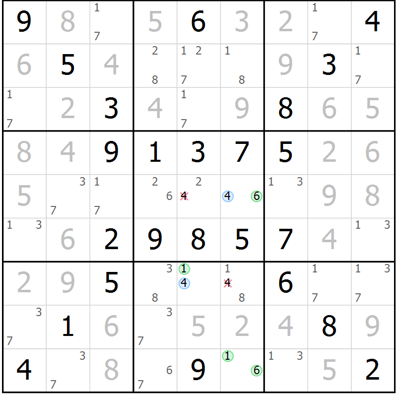 Position des candidats pour la solution de la Gr 52 page 55 du magazine de sudoku Virtuose n° 120