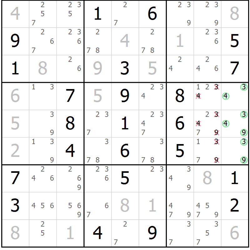 Position des candidats pour la solution de la Gr 53 page 56 du magazine de sudoku Virtuose n° 120
