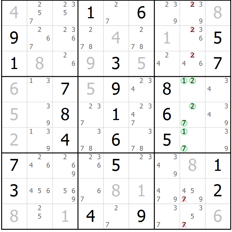 Position des candidats pour la solution de la Gr 53 page 56 du magazine de sudoku Virtuose n° 120