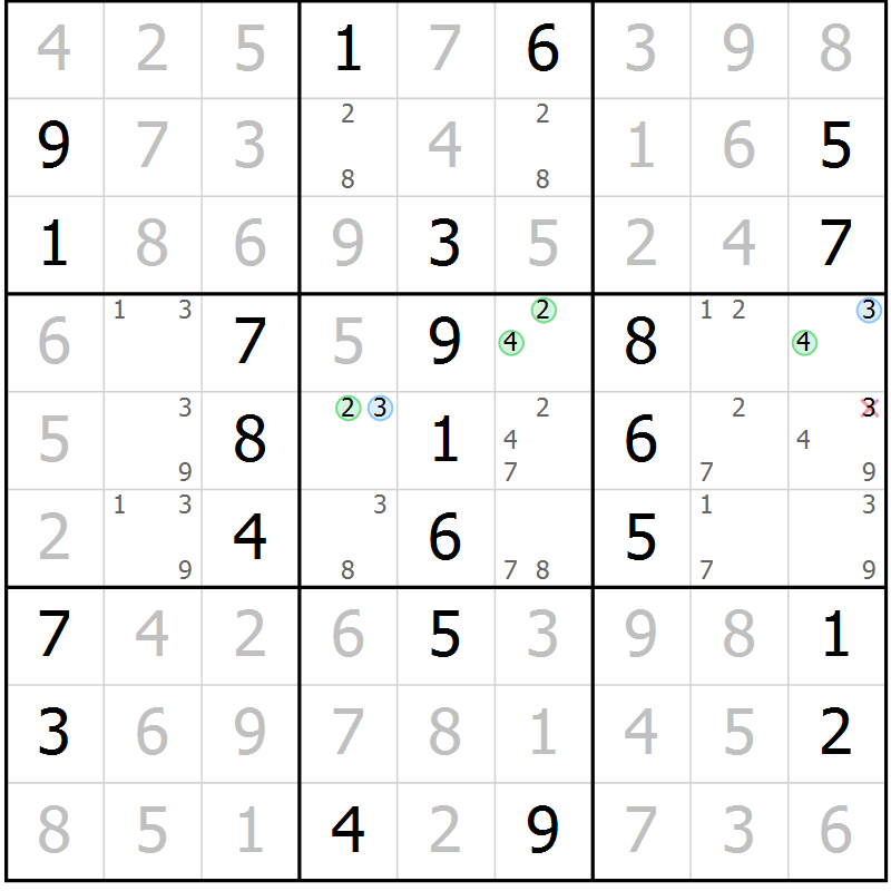 Position des candidats pour la solution de la Gr 53 page 56 du magazine de sudoku Virtuose n° 120