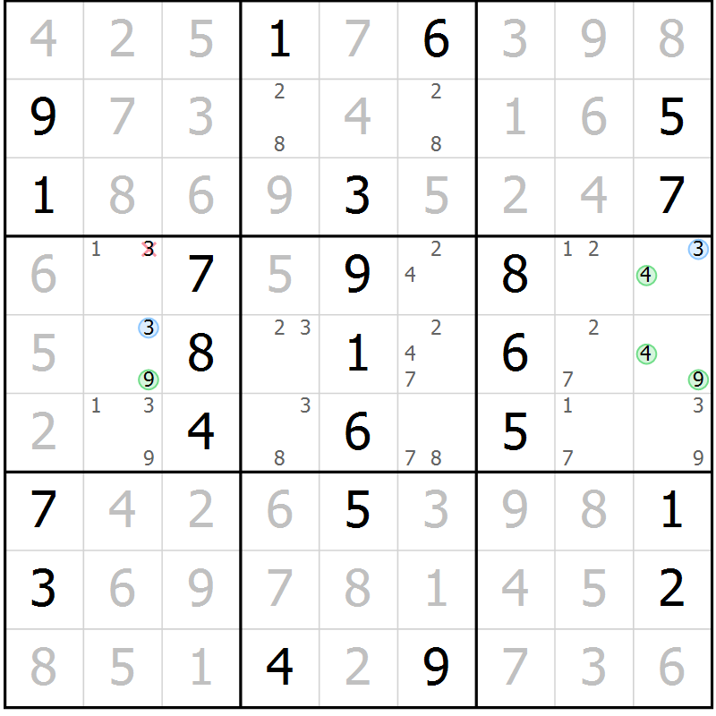 Position des candidats pour la solution de la Gr 53 page 56 du magazine de sudoku Virtuose n° 120