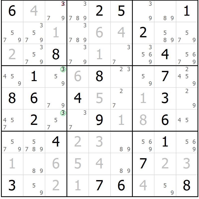 Position des candidats pour la solution de la Gr 54 page 57 du magazine de sudoku Virtuose n° 120