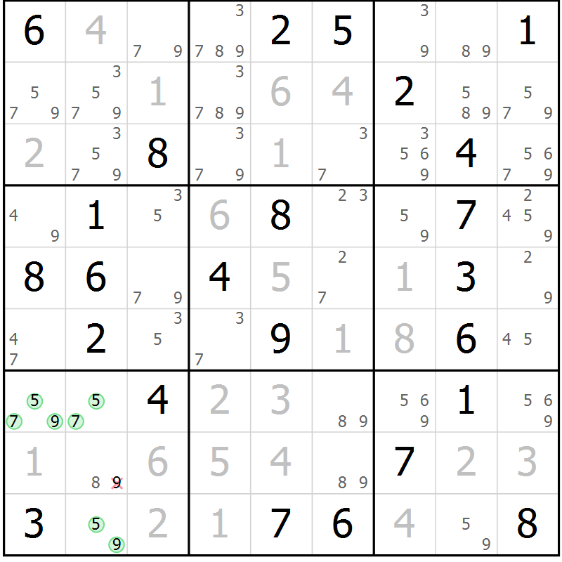 Position des candidats pour la solution de la Gr 54 page 57 du magazine de sudoku Virtuose n° 120