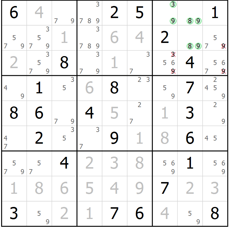 Position des candidats pour la solution de la Gr 54 page 57 du magazine de sudoku Virtuose n° 120