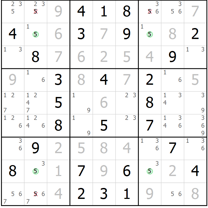 Position des candidats pour la solution de la Gr 55 page 58 du magazine de sudoku Virtuose n° 120