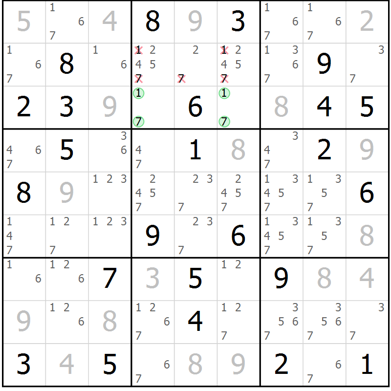 Position des candidats pour la solution de la Gr 56 page 59 du magazine de sudoku Virtuose n° 120