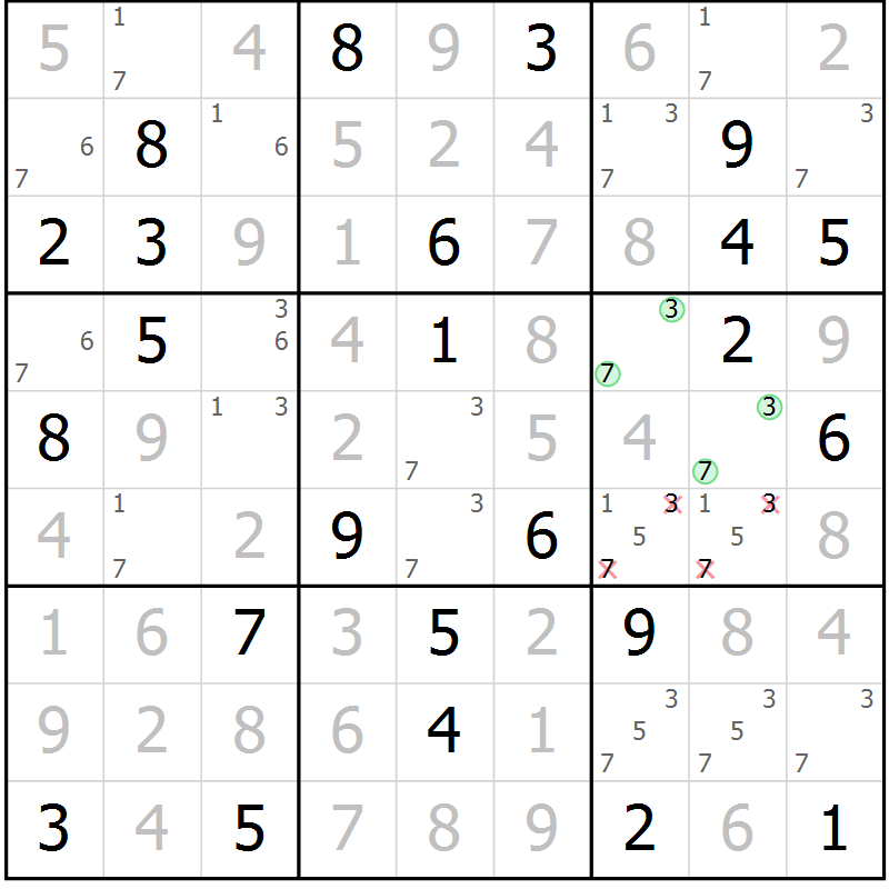 Position des candidats pour la solution de la Gr 56 page 59 du magazine de sudoku Virtuose n° 120