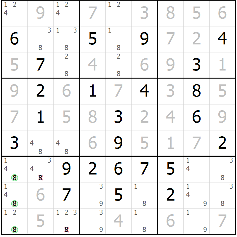 Position des candidats pour la solution de la Gr 57 page 60 du magazine de sudoku Virtuose n° 120