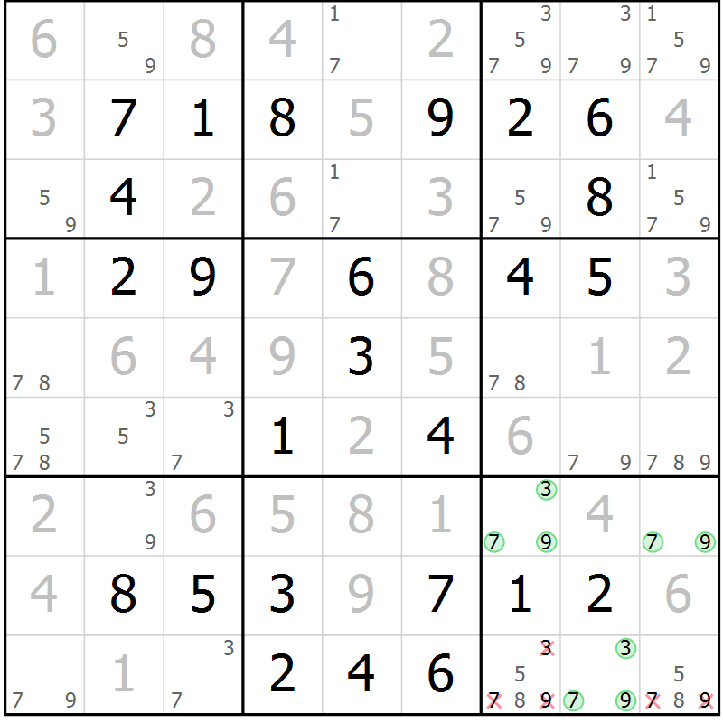 Position des candidats pour la solution de la Gr 58 page 61 du magazine de sudoku Virtuose n° 120