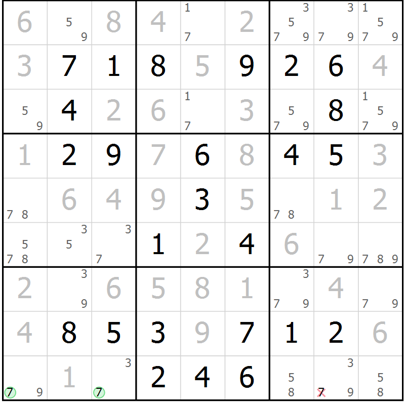 Position des candidats pour la solution de la Gr 58 page 61 du magazine de sudoku Virtuose n° 120