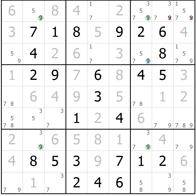 Position des candidats pour la solution de la Gr 58 page 61 du magazine de sudoku Virtuose n° 120