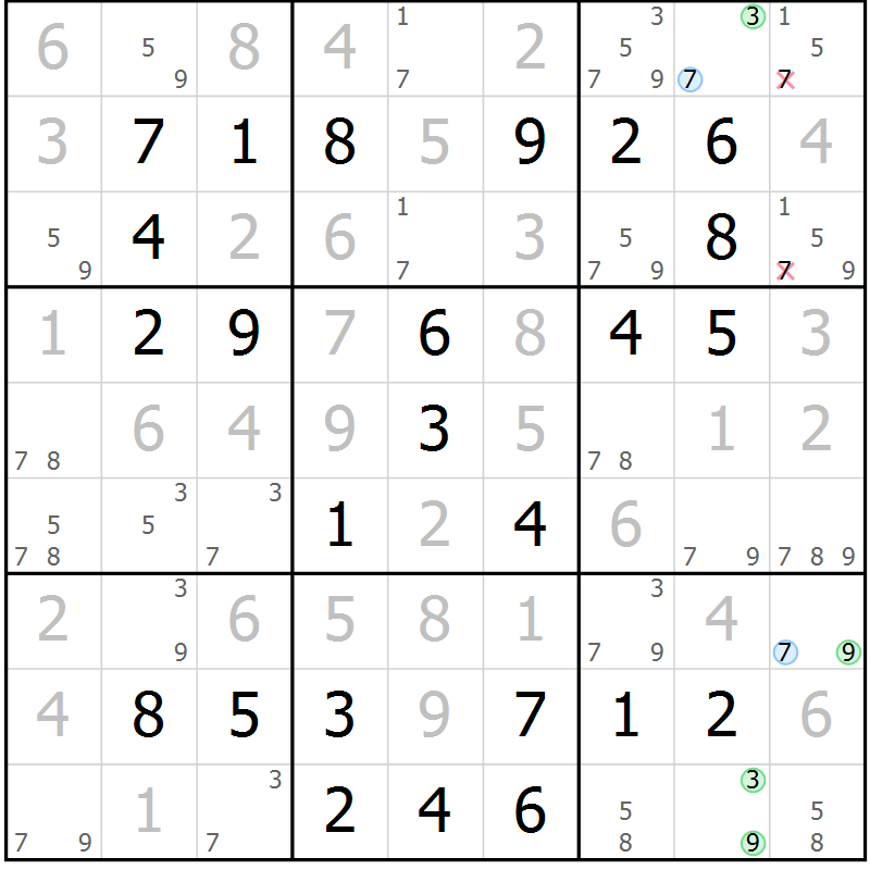 Position des candidats pour la solution de la Gr 58 page 61 du magazine de sudoku Virtuose n° 120