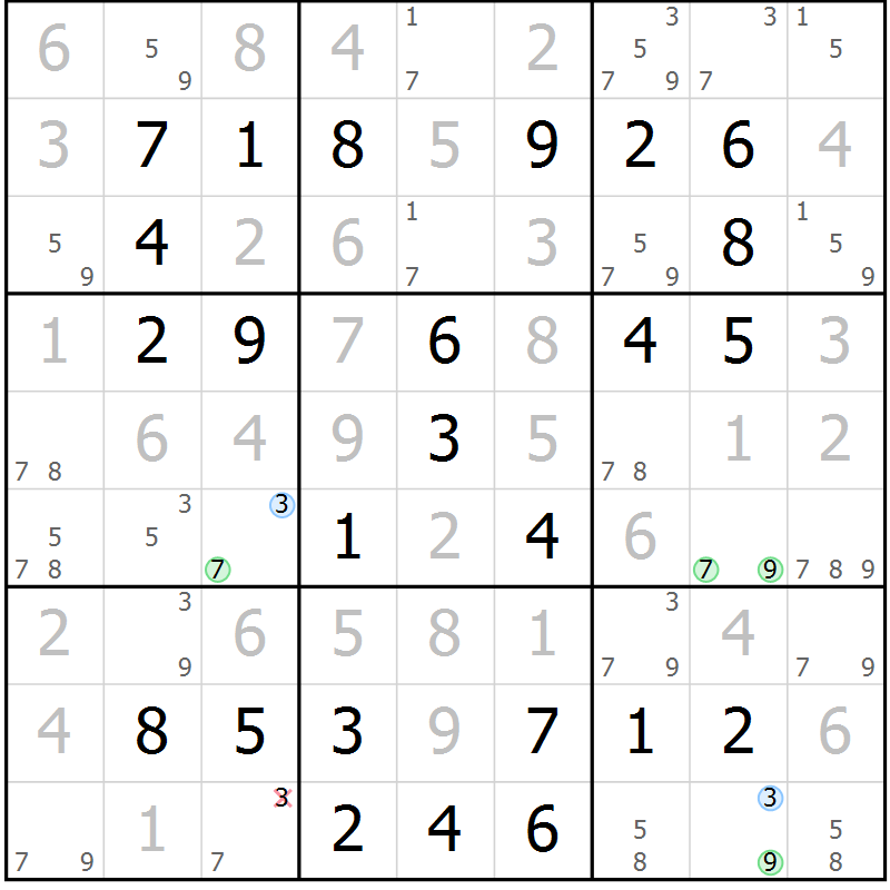Position des candidats pour la solution de la Gr 58 page 61 du magazine de sudoku Virtuose n° 120