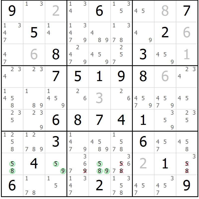 Position des candidats pour la solution de la Gr 59 page 62 du magazine de sudoku Virtuose n° 120