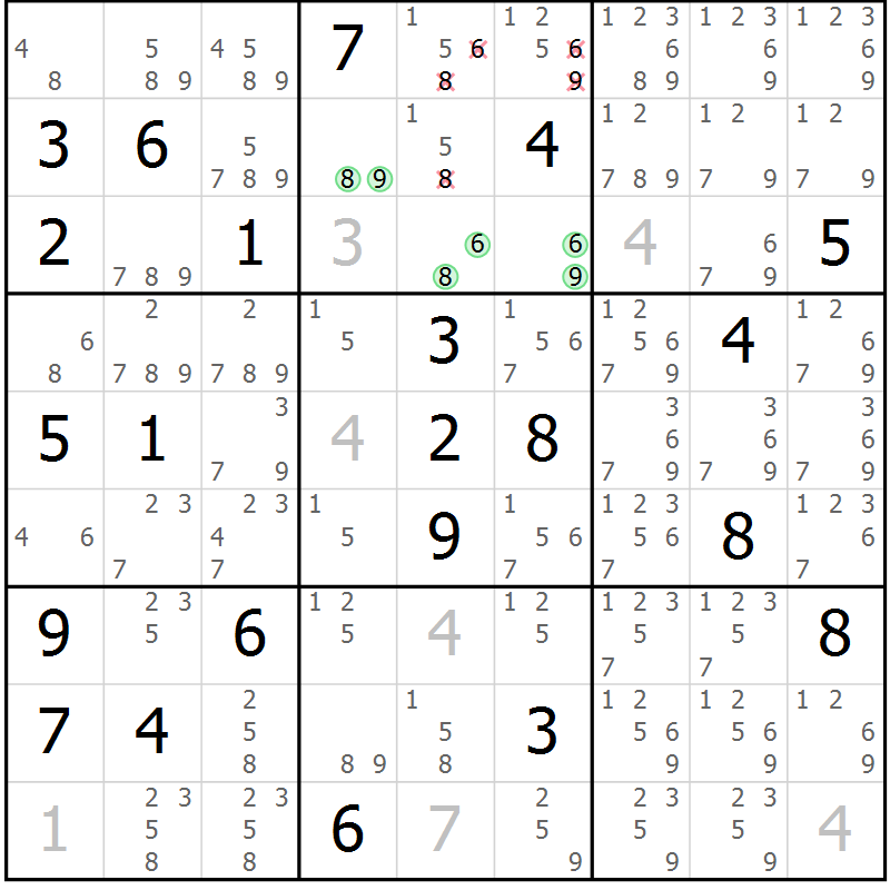 Position des candidats pour la solution de la Gr 6 page 9 du magazine de sudoku Virtuose n° 120