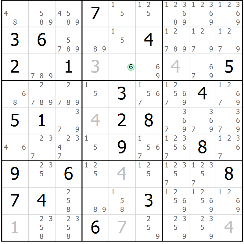 Position des candidats pour la solution de la Gr 6 page 9 du magazine de sudoku Virtuose n° 120