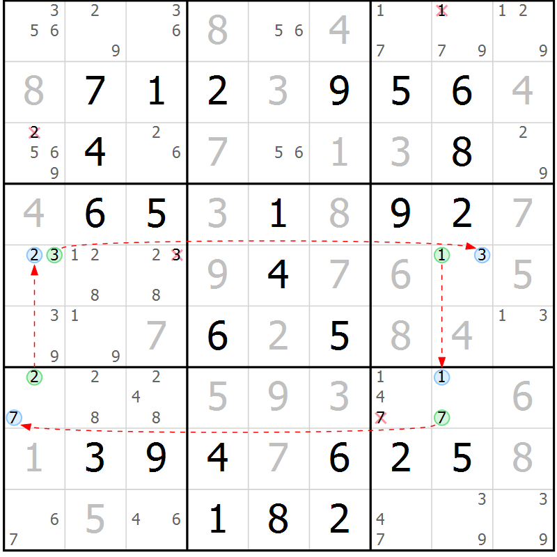 Position des candidats pour la solution de la Gr 60 page 63 du magazine de sudoku Virtuose n° 120