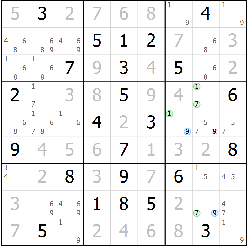 Position des candidats pour la solution de la Gr 61 page 64 du magazine de sudoku Virtuose n° 120
