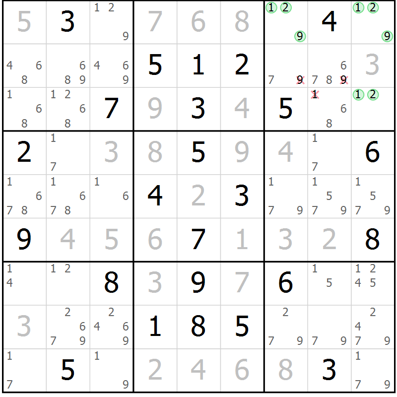 Position des candidats pour la solution de la Gr 61 page 64 du magazine de sudoku Virtuose n° 120