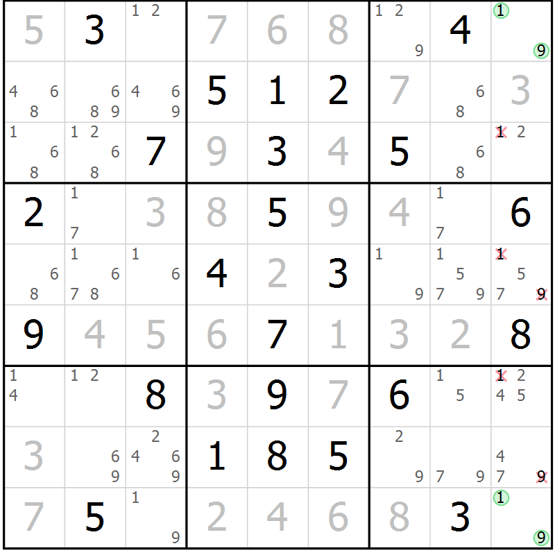 Position des candidats pour la solution de la Gr 61 page 64 du magazine de sudoku Virtuose n° 120