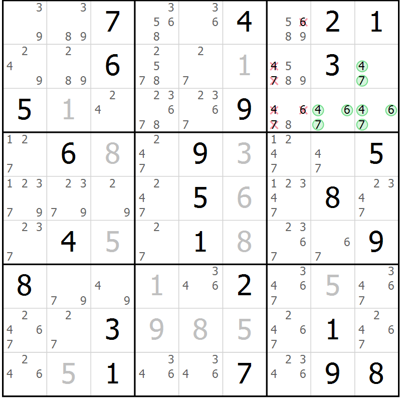Position des candidats pour la solution de la Gr 62 page 65 du magazine de sudoku Virtuose n° 120