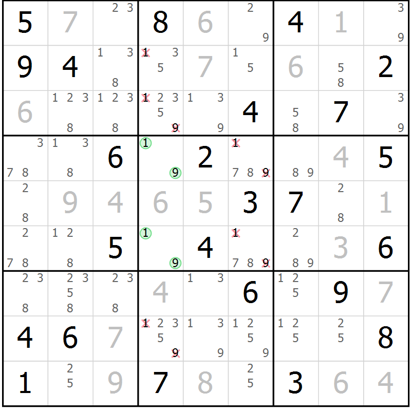 Position des candidats pour la solution de la Gr 63 page 66 du magazine de sudoku Virtuose n° 120