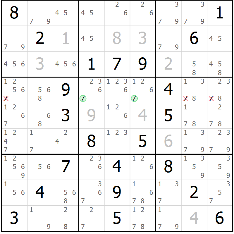 Position des candidats pour la solution de la Gr 64 page 67 du magazine de sudoku Virtuose n° 120