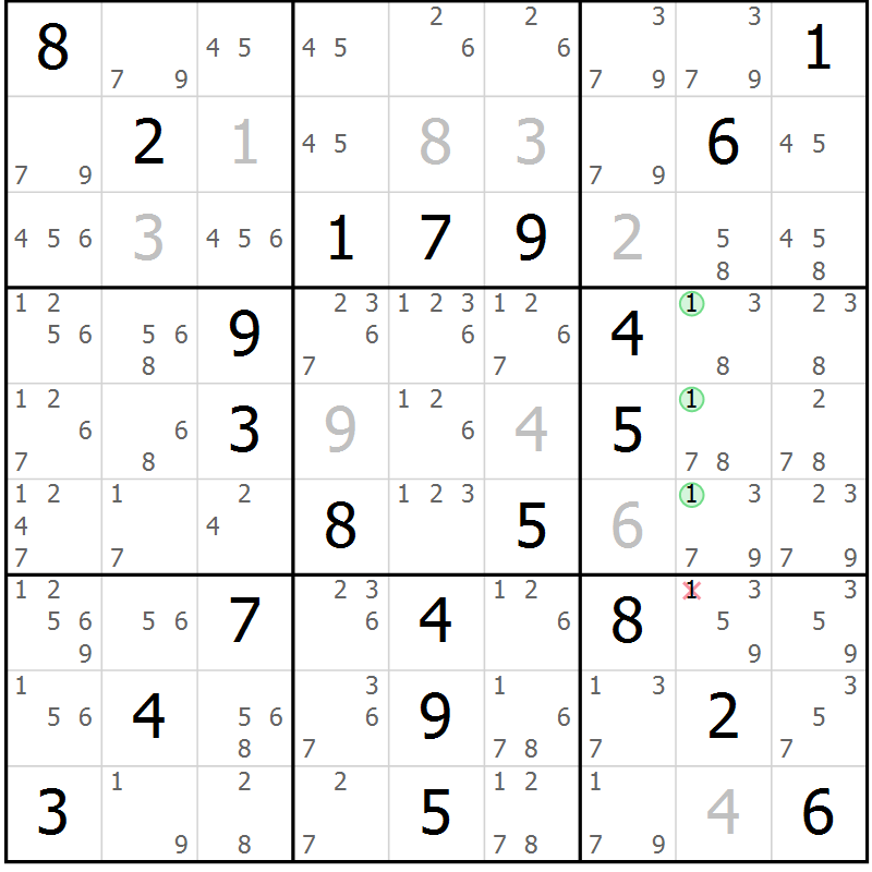 Position des candidats pour la solution de la Gr 64 page 67 du magazine de sudoku Virtuose n° 120