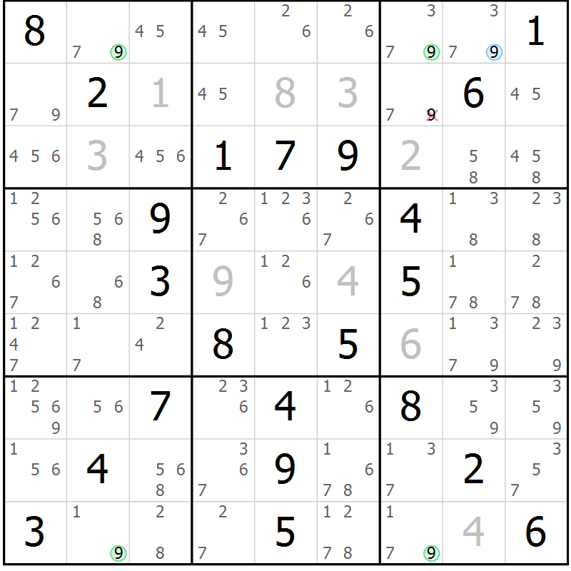 Position des candidats pour la solution de la Gr 64 page 67 du magazine de sudoku Virtuose n° 120