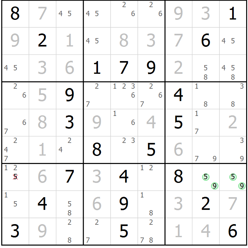 Position des candidats pour la solution de la Gr 64 page 67 du magazine de sudoku Virtuose n° 120