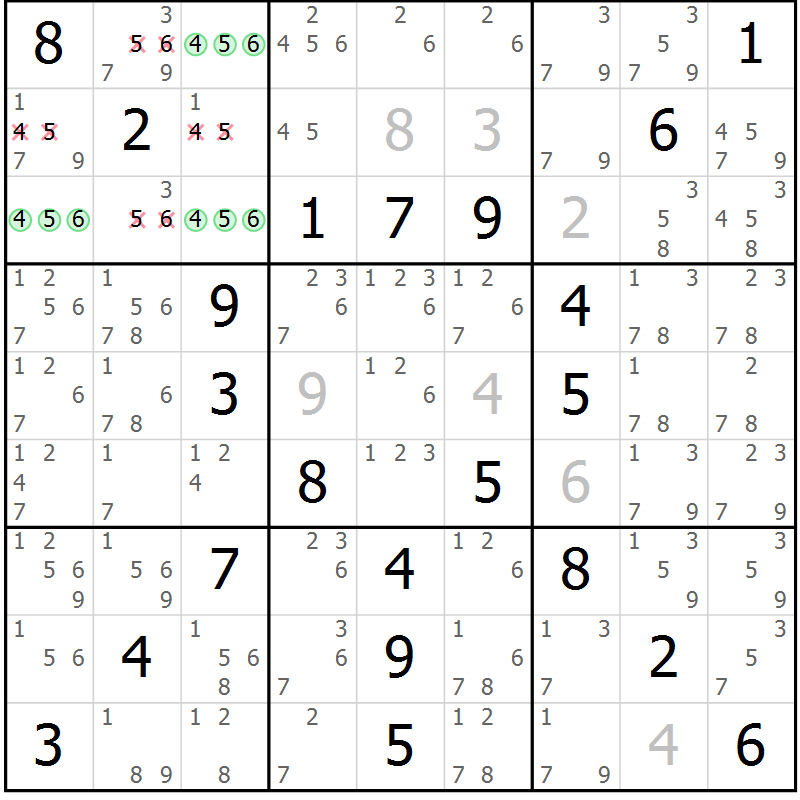 Position des candidats pour la solution de la Gr 64 page 67 du magazine de sudoku Virtuose n° 120