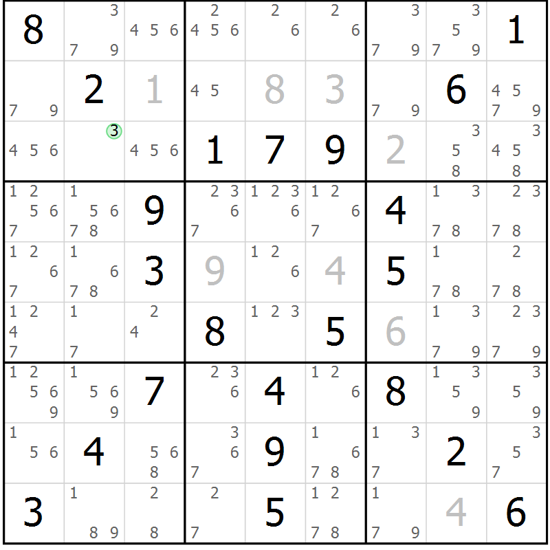 Position des candidats pour la solution de la Gr 64 page 67 du magazine de sudoku Virtuose n° 120