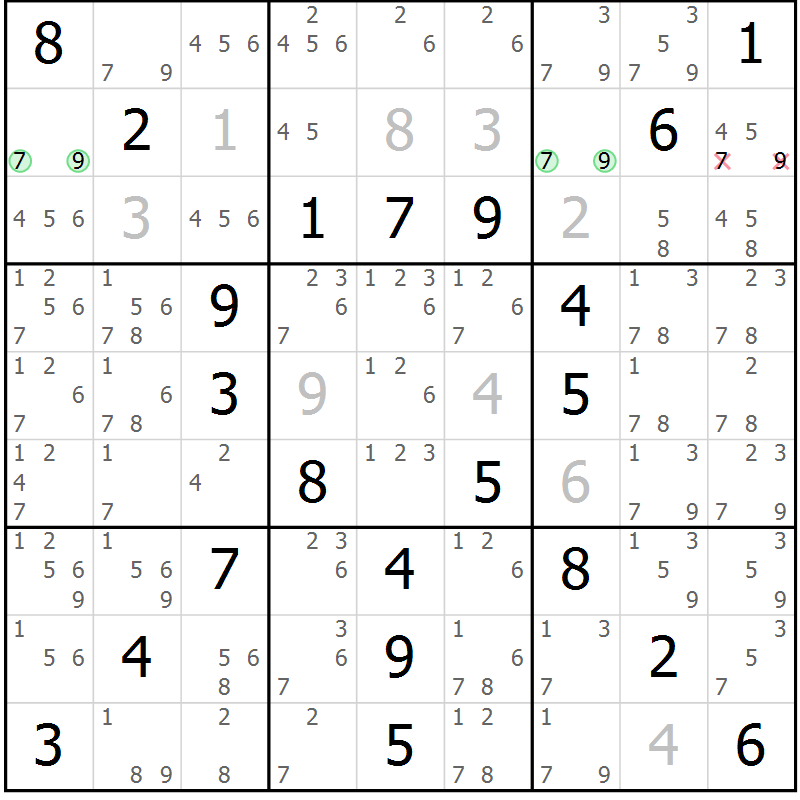 Position des candidats pour la solution de la Gr 64 page 67 du magazine de sudoku Virtuose n° 120