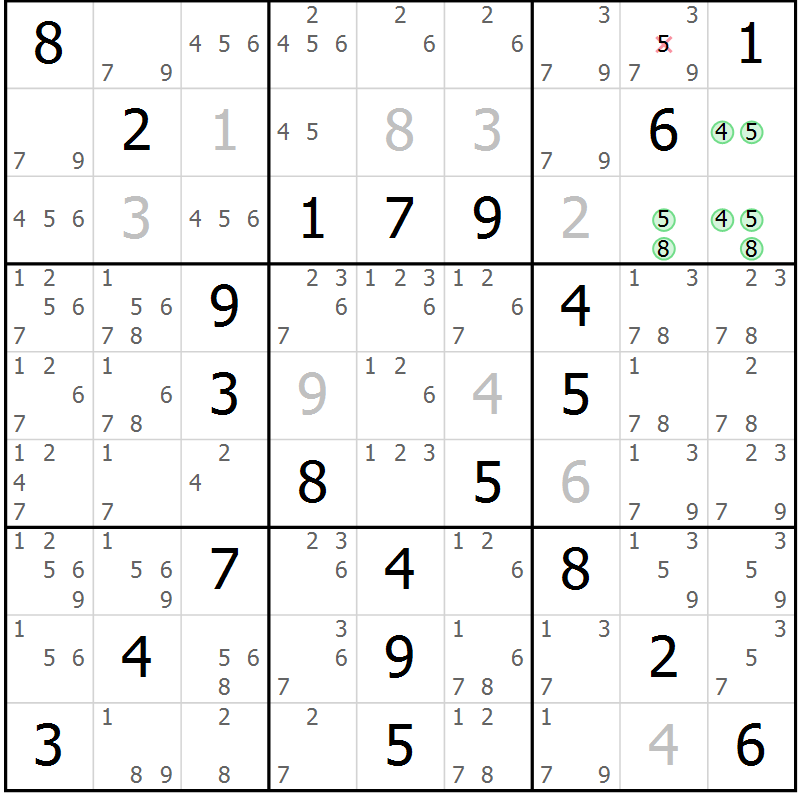 Position des candidats pour la solution de la Gr 64 page 67 du magazine de sudoku Virtuose n° 120